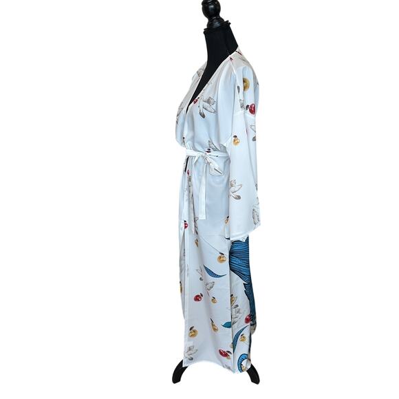 Peacock Kimono Cover Ups Longline One Size Duster Satin White Boho Festival NEW - Picture 5 of 6